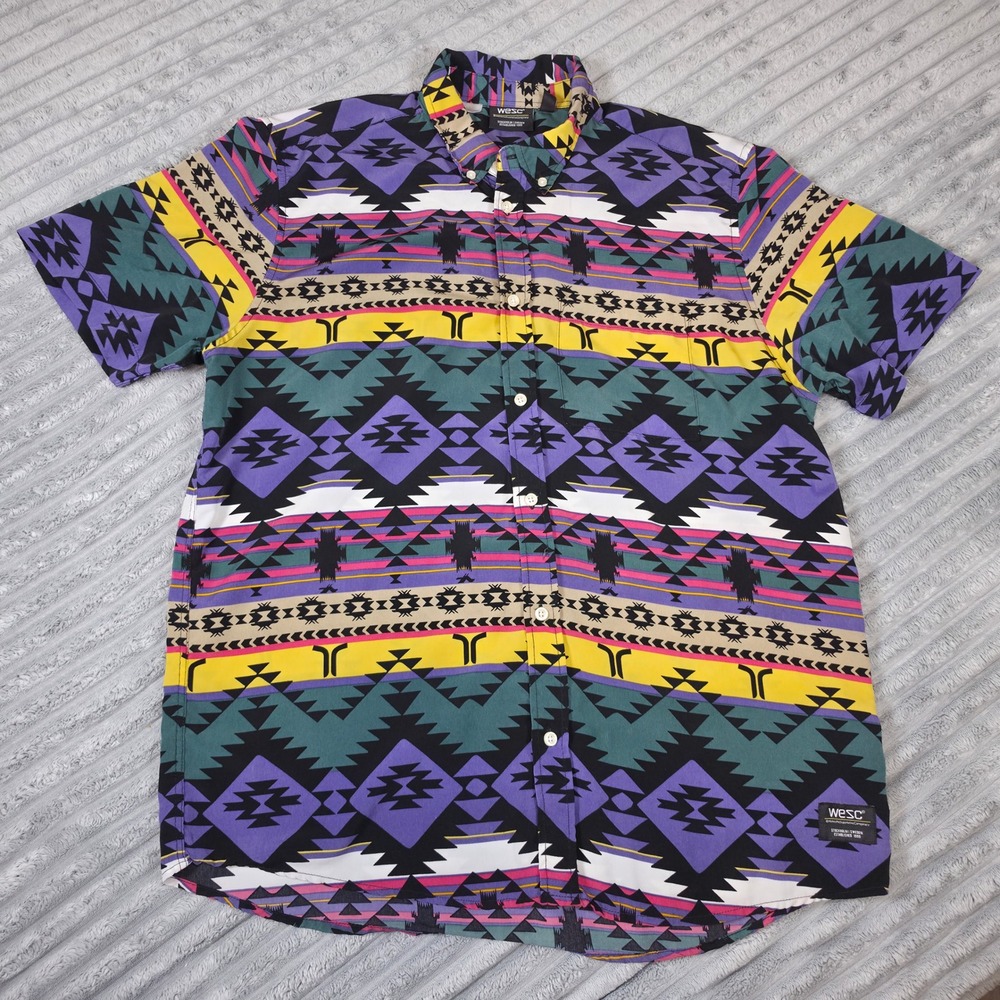 WESC Mens Large Southwestern Tribal Print Short Sleeve Button‎ Down Shirt Purple